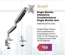Brateck - Single Monitor Interactive Counterbalance Single Monitor Arm offers at $99 in Leader Computers