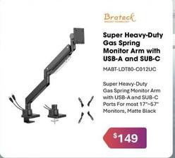 Brateck - Super Heavy-duty Gas Spring Monitor Arm With Usb-a And Sub-c offers at $149 in Leader Computers