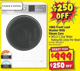 Fisher & Paykel - 10kg Front Load Washer With Steam Care offers at $999 in JB Hi Fi