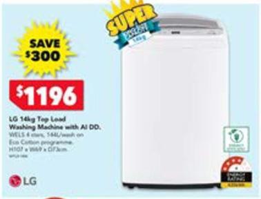 Lg - 14kg Top Load Washing Machine With Ai Dd - White offers at $1196 in Harvey Norman