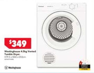 Westinghouse - 4.5kg Reverse Vented Tumble Dryer offers at $349 in Harvey Norman