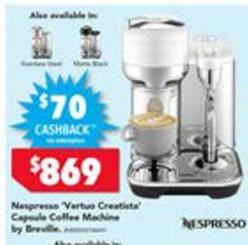 Nespresso - Vertus Creatista Capsule Coffee Machine By Breville offers at $869 in Harvey Norman