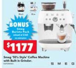 Smeg - 50's Style Coffee Machine With Built In Grinder offers at $1177 in Harvey Norman