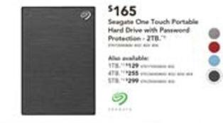 Seagate - One Touch 2tb Portable Hard Drive With Password Protection Black offers at $165 in Harvey Norman