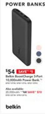 Belkin - Boostcharge 3-port 10k Power Bank (black) + Usb-a To Usb-c Cable offers at $54 in Harvey Norman