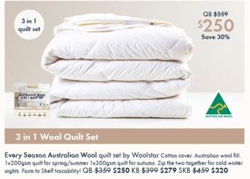 Every Season Australian Wool Quilt Set offers at $250 in Pillow Talk