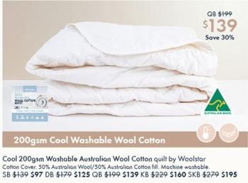 Cool 200gsm Washable Australian Wool Cotton Quilt By Woolstar offers at $139 in Pillow Talk