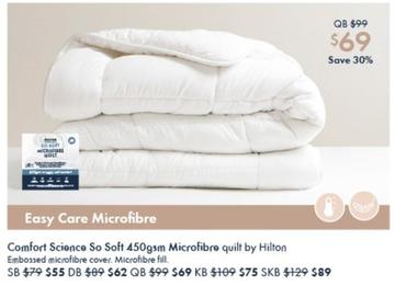 Comfort Science So Soft 450gsm Microfibre Quilt By Hilton offers at $69 in Pillow Talk