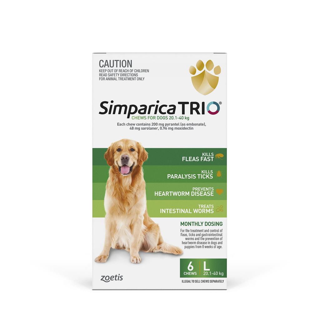 Simparica TRIO For Dogs 20.1- 40kg Green Large 6 Chews offers at $84.54 in Budget Pet Products