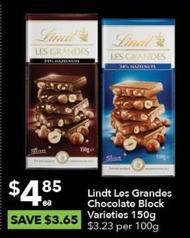 Lindt - Les Grandes Chocolate Block Varieties offers at $4.85 in Ritchies