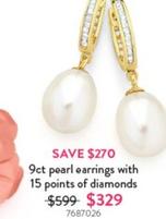 9ct Pearl Earrings With 15 Points Of Diamonds offers at $329 in Goldmark