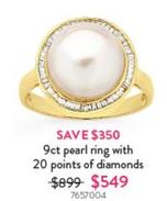 9ct Pearl Ring With 20 Points Of Diamonds offers at $549 in Goldmark
