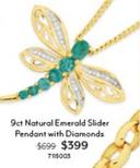 9ct Natural Emerald Slider Pendant With Diamonds offers at $399 in Angus & Coote