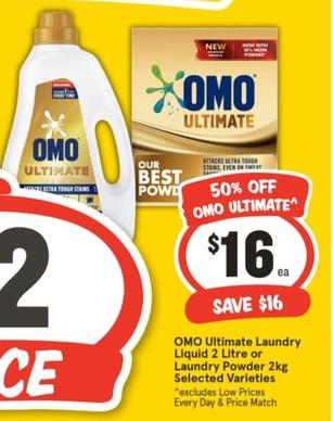 Omo - Ultimate Laundry Liquid 2 Litre Or Laundry Powder 2kg Selected Varieties offers at $16 in IGA