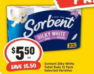 Sorbent - Silky White Toilet Rolls 12 Pack Selected Varieties offers at $5.5 in IGA