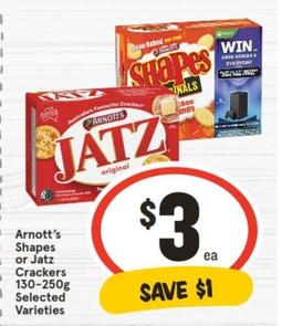 Arnott's - Shapes Or Jatz Crackers 130‑250g Selected Varieties offers at $3 in IGA