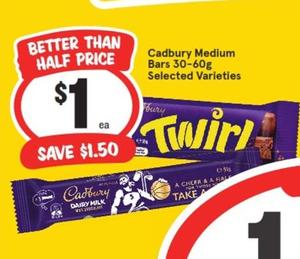 Cadbury - Medium Bars 30-60g Selected Varieties offers at $1 in IGA