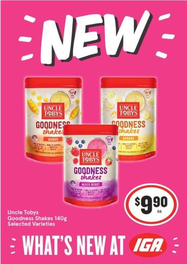 Uncle Tobys - Goodness Shakes 140g Selected Varieties offers at $9.9 in IGA