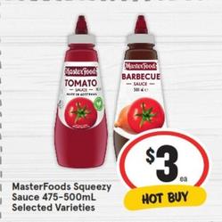 Masterfoods - Squeezy Sauce 475-500ml Selected Varieties offers at $3 in IGA
