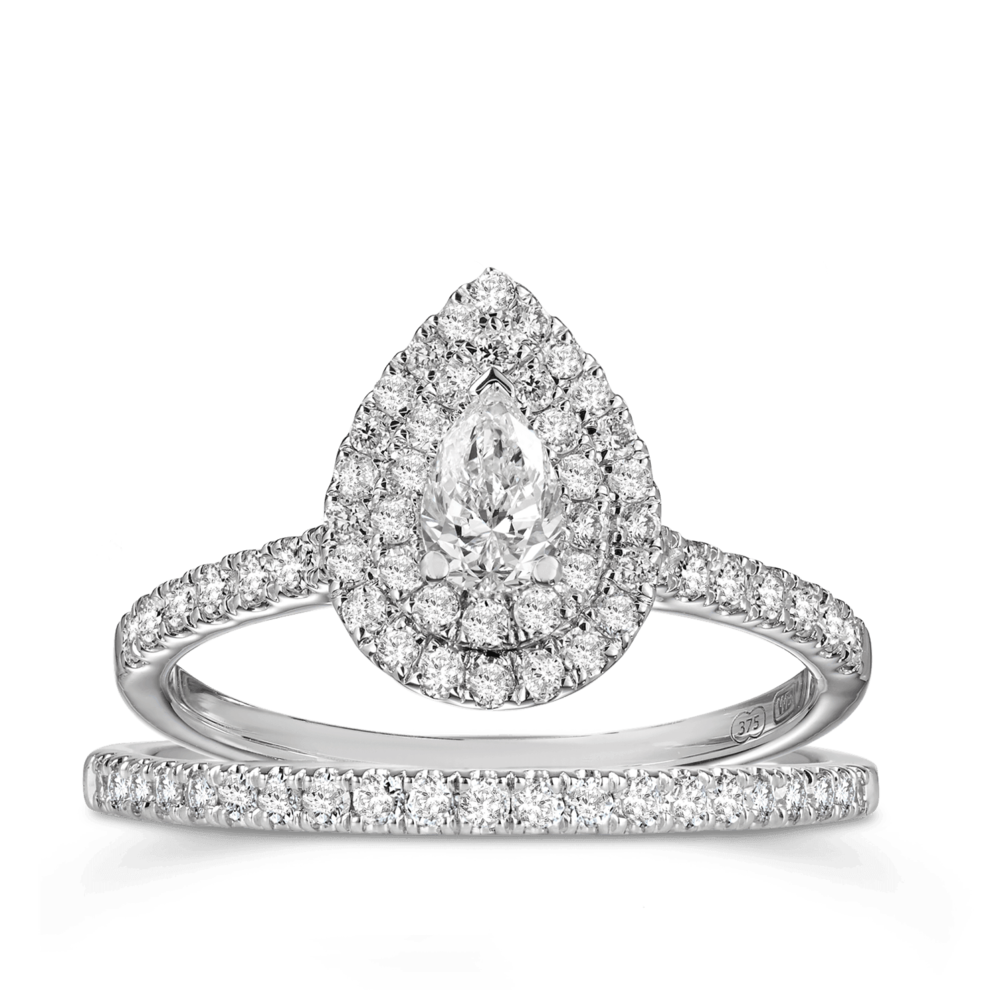 0.60ct TW Diamond Double Halo Pear Engagement & Bridal Set in 9ct White Gold offers in Wallace Bishop