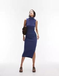 Topshop knitted sleeveless funnel midi dress in navy offers at $28 in Topshop