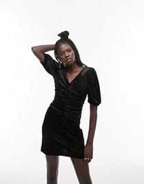 Topshop velvet ruched puff sleeve mini dress in black offers at $16 in Topshop