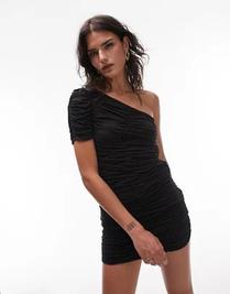 Topshop one shoulder mini dress with mesh cut outs in black offers at $35 in Topshop