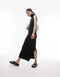 Topshop knitted sleeveless funnel midi dress in black offers at $28 in Topshop