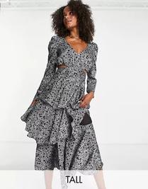 Topshop Tall cut out waist print tiered occasion midi dress in star print offers at $29 in Topshop