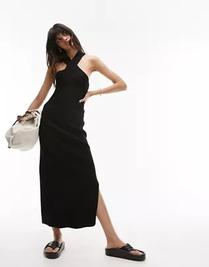 Topshop knitted cross front midi dress in black offers at $28 in Topshop