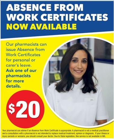 Absence From Work Certificates offers at $20 in Chemist Warehouse