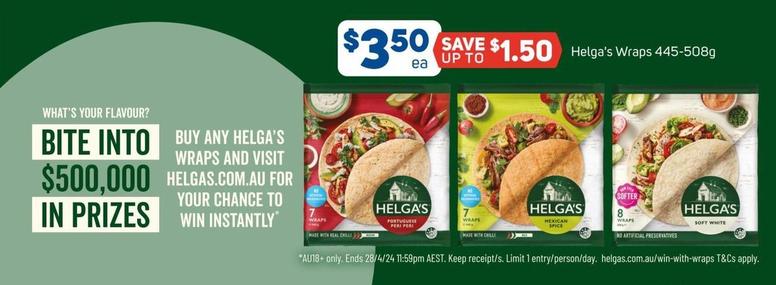 Helga's - Wraps 445-508g offers at $3 in Foodland