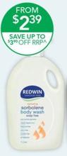 Redwin - Sorbolene Body Wash Sensitive Pump 1 litre offers at $2.39 in TerryWhite Chemmart