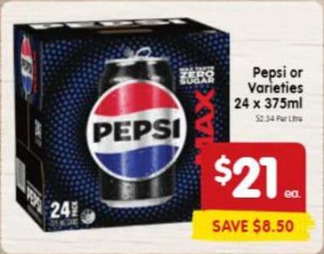 Pepsi - Or Varieties 24 X 375ml offers at $21 in SPAR