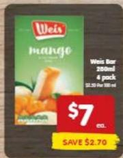 Weis - Bar 200ml 4 Pack offers at $7 in SPAR