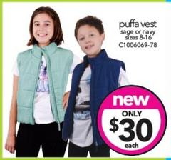 Puffa Vest Sage Or Navy Sizes 8-16 offers at $30 in Cheap As Chips