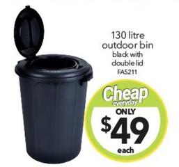 130 Litre Outdoor Bin Black With Double Lid offers at $49 in Cheap As Chips