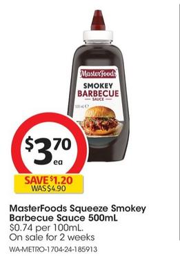 Masterfoods - Squeeze Smokey Barbecue Sauce 500ml offers at $3.7 in Coles