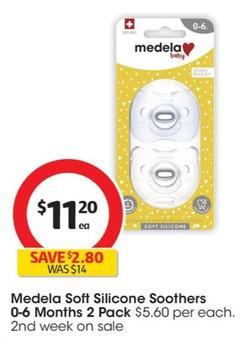 Medela - Soft Silicone Soothers 0-6 Months 2 Pack offers at $11.2 in Coles