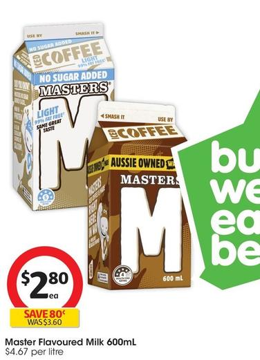 Master - Flavoured Milk 600ml offers at $2.8 in Coles