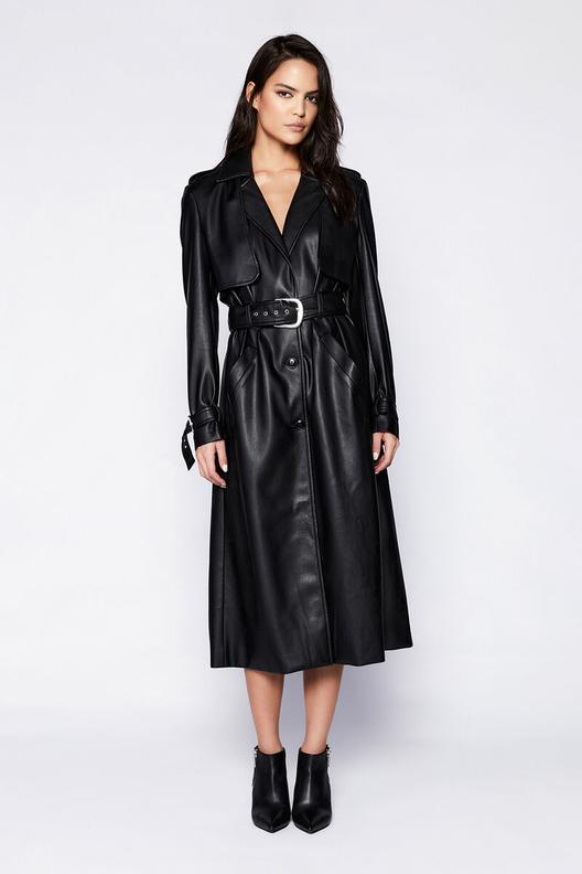 Vegan Leather Trench Coat In Black offers at $229.99 in Bardot