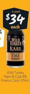 Wild Turkey - Rare & Cola 8% Premix Cans 375ml offers at $34 in Cellarbrations