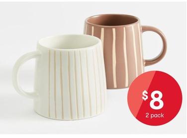 2 Striped Stoneware Mugs offers at $8 in Kmart