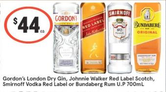 Gordon's - London Dry Gin, Johnnie Walker Red Label Scotch, Smirnoff Vodka Red Label Or Bundaberg Rum U.p 700ml offers at $44 in IGA Liquor
