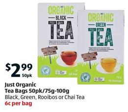 Just Organic - Tea Bags 50pk/75g-100g offers at $2.99 in ALDI
