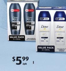 Dove - Antiperspirant Roll-On Deodorant For Men Or Women 2 X 50ml offers at $5.99 in ALDI