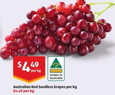 Australian Red Seedless Grapes Per Kg offers at $4.49 in ALDI