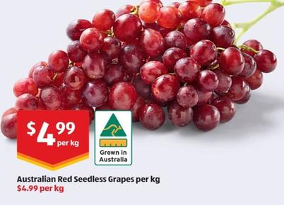 Australian Red Seedless Grapes per kg offers at $4.99 in ALDI