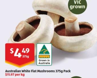 Australian White Flat Mushrooms 375g Pack offers at $4.49 in ALDI