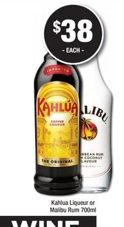 Kahlua - Liqueur Or Malibu Rum 700ml offers at $38 in Bottler